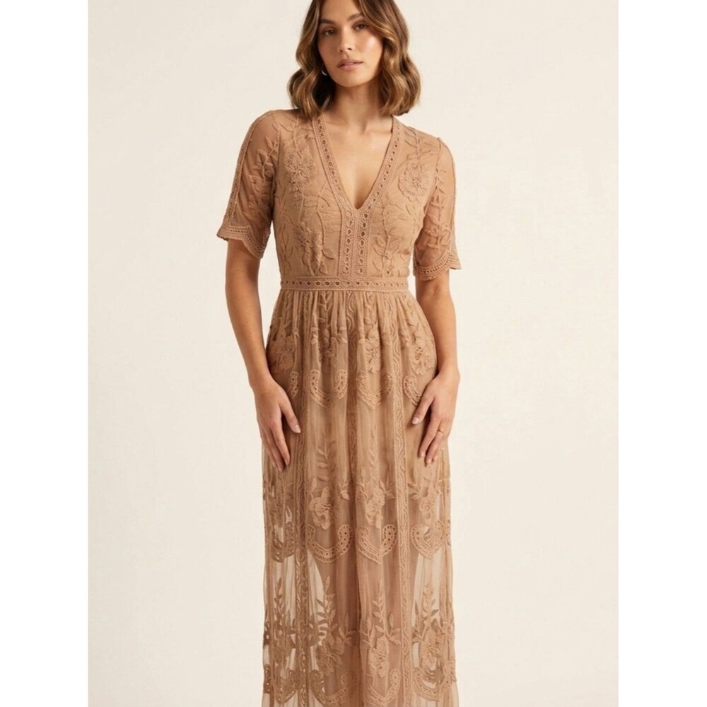 Honey Punch Tan Lace V-Neck Maxi Gown